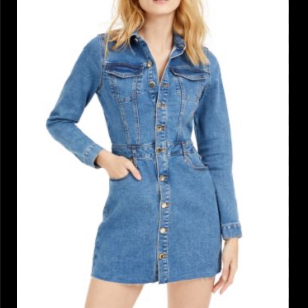 Guess Denim Long-Sleeve Belted Jean Dress with pockets size small